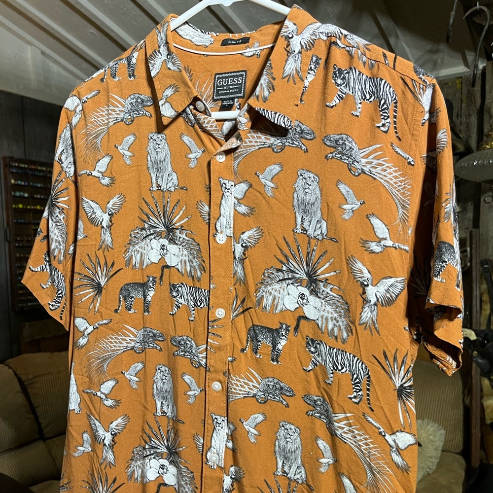 Guess Men's Orange Animal Print Casual Button Down Shirt